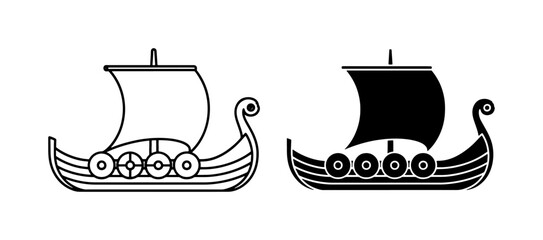 Viking Ship Icons, Scandinavian Longboat Vector Art, Norse Sailing Vessel Graphics, Ancient Maritime Transport Symbols © Maruf