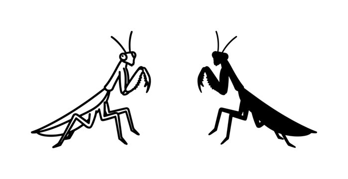 Praying Mantis Vector Icons, Silhouette and Outline Styles, Insect Art, Nature Symbolism, Minimalist Wildlife Graphics