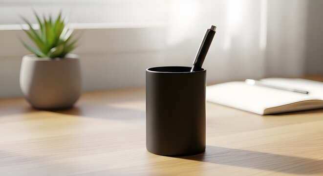 Modern black pen holder with a silver pen on a wooden desk near an open notebook and a small potted plant by the window with natural light.