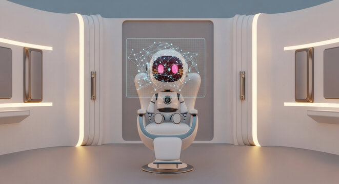 Futuristic robot with glowing particle cloud on a throne in a sleek, modern room