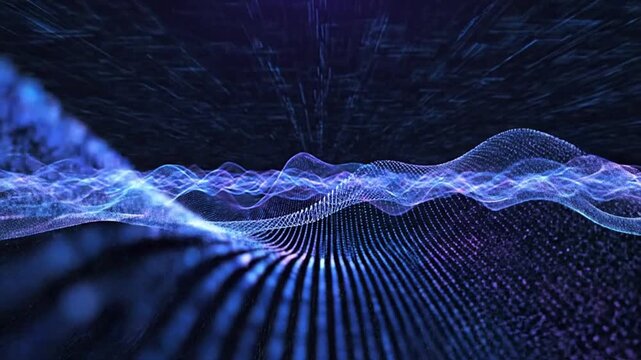Dynamic abstract digital wave of glowing particles representing data flow and AI processing. Concept of big data, network communication, virtual reality, and advanced technology for future innovation.