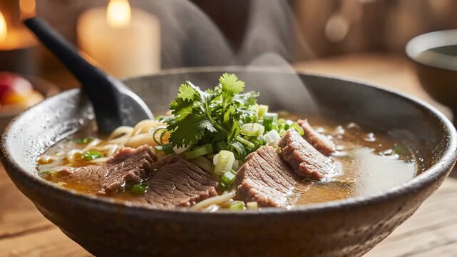 A steaming bowl of authentic japanese beef ramen noodle soup garnished with fresh cilantro and green onions.