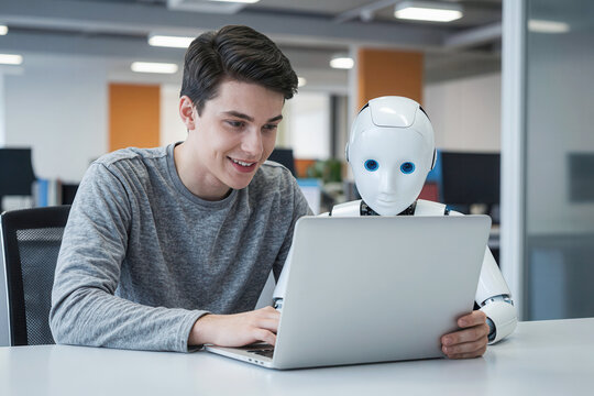 Man and AI humanoid robot using laptop work together and collaborating, symbolizing AI agent partnership help job and work with AI