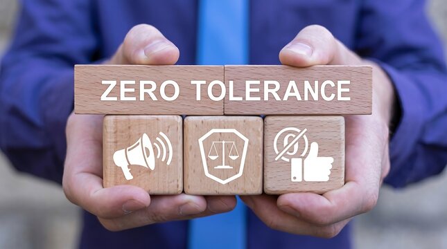 Concept of zero tolerance. Business person holding wooden blocks with icons sees the inscription ZERO TOLERANCE.  