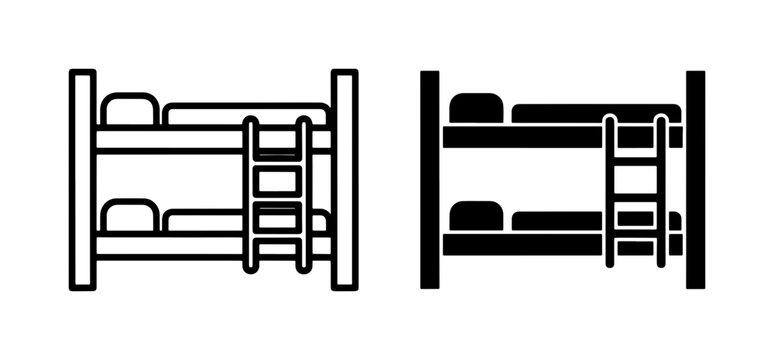 Bunk Bed Icons, Stacked Sleeping Furniture, Double Bed Vector Graphics for Hostel and Dormitory Design