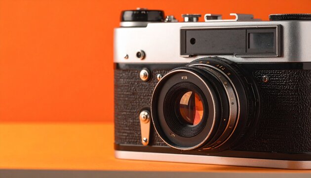 Vintage silver and black film camera on orange surface