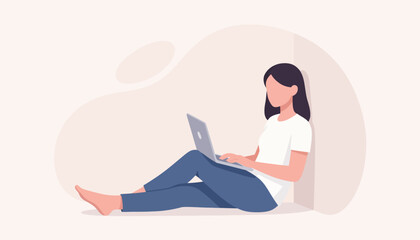 Fototapeta premium Young woman in casual clothes, using laptop while seated on floor