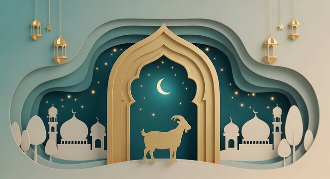 Eid al adha mubarak stunning islamic paper art celebrating eid with crescent moon and sacred animals