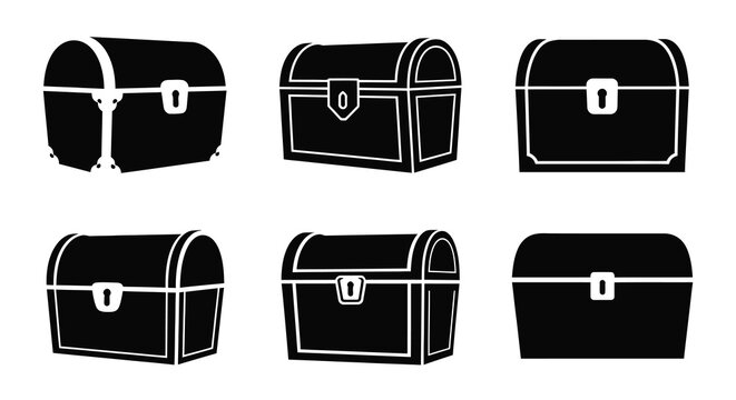 A collection of six vintage treasure chests in a stark black silhouette