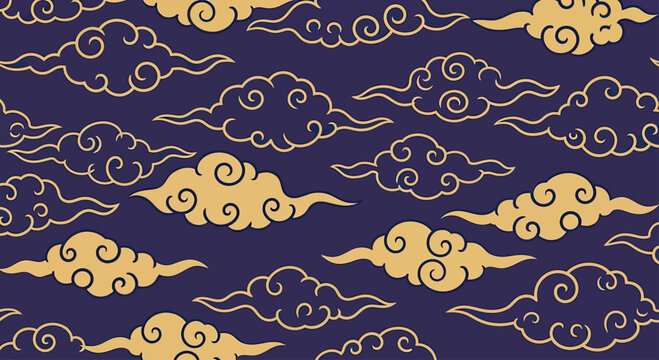 Seamless pattern of golden stylized clouds against a dark blue background