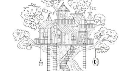 Obraz premium Detailed black and white illustration of a whimsical treehouse design