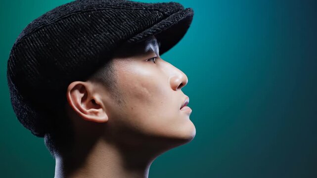 Side profile portrait of a stylish young Asian man wearing a black flat cap against a moody green background.