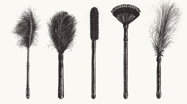 Stylized image of five feather dusters on a neutral background, each with a unique design
