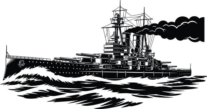 Black silhouette of vintage naval battleship with large cannons and smoke speeding through ocean waves isolated on white for history