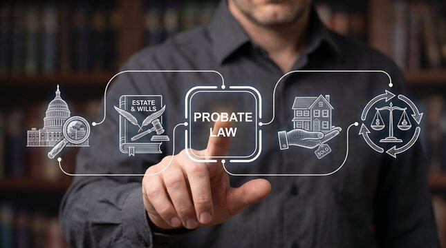 Man working on virtual touch screen presses inscription: PROBATE LAW. Concept of probate law. businessman pressing virtual button ,law, concept, legal, inheritance, bequest,