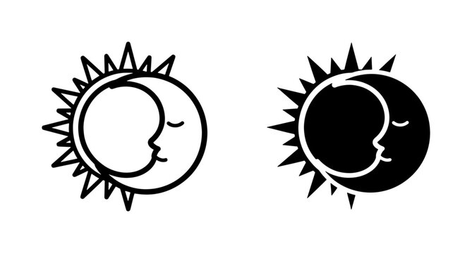 Celestial Icons: Stylized Sun and Moon Faces, Yin Yang Symbolism, Cosmic Duo, Day and Night Contrast, Vector Graphics for Astrology and Spirituality
