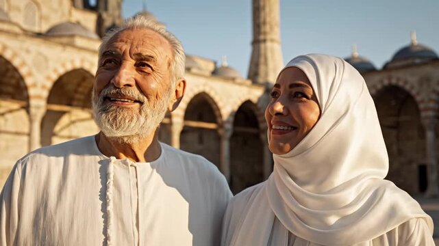 Happy senior Muslim couple smiling while visiting a historic mosque during a cultural travel pilgrimage.