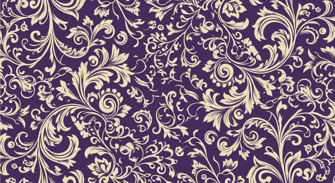 A damask pattern of flowing vines, leaves, and scrolls in cream on purple