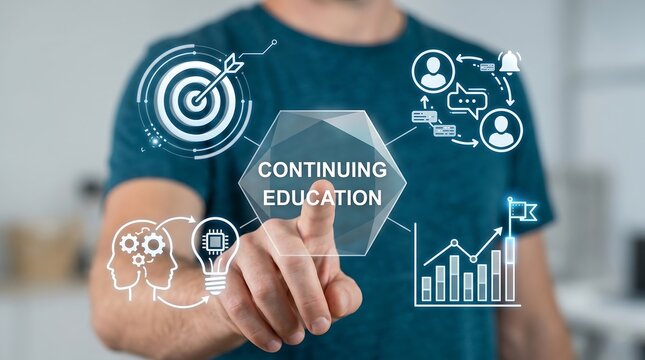 Person using virtual touch screen push inscription: CONTINUING EDUCATION. Continuing education and personal development concept ,ducation, work, training, professional