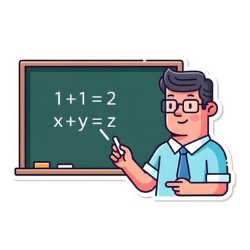 A friendly teacher explaining a math equation on a blackboard, symbolizing education and knowledge