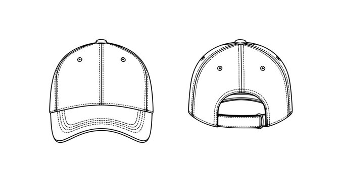 Baseball cap technical sketch front and back view with clean outline apparel design template vector