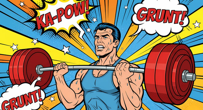 A cartoon style image of a strong man lifting a barbell