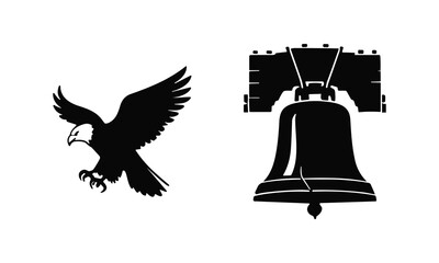 Eagle and liberty bell vector silhouette illustration, line art design for patriotic themes. © Silhouette