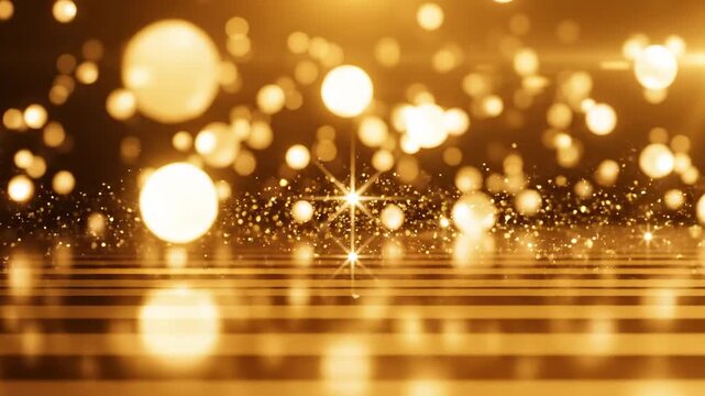 Elegant gold bokeh background with shimmering lights and reflective floor for luxury celebration.