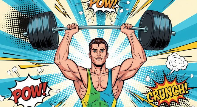 Comic-style illustration of a strong man lifting heavy weight, with comic book sound effects like 'Pow' and 'Crunch'.