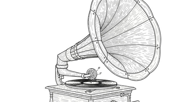 Vintage gramophone illustration black and white drawing of a classic music player
