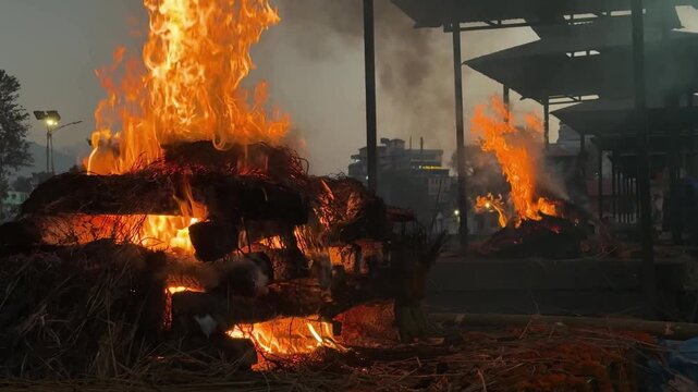 Sacred fire burning at Pashupatinath temple in Kathmandu, Nepal. Spiritual ritual atmosphere with unrecognizable people in background, Hindu culture, meditation, calm, religion, slow motion
