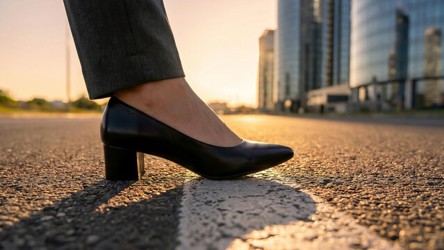 Businesswoman Black Heel Shoe Stepping on White Line at Sunset Cityscape