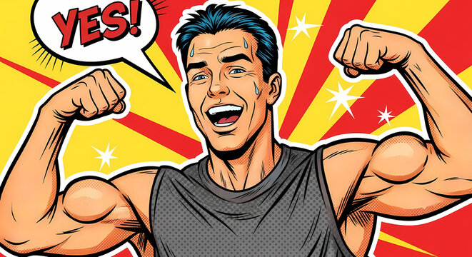 A cheerful man with biceps shows off his muscles while exclaiming Yes!