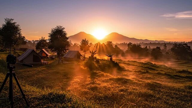 Experience the serene beauty of a mountain sunrise from a peaceful campsite with tents and photography equipment. Ideal for nature lovers seeking outdoor adventures, relaxation, and memorable travel..