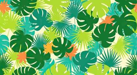 Fototapeta premium Vibrant tropical foliage in shades of green, teal, and orange creates a lush jungle pattern