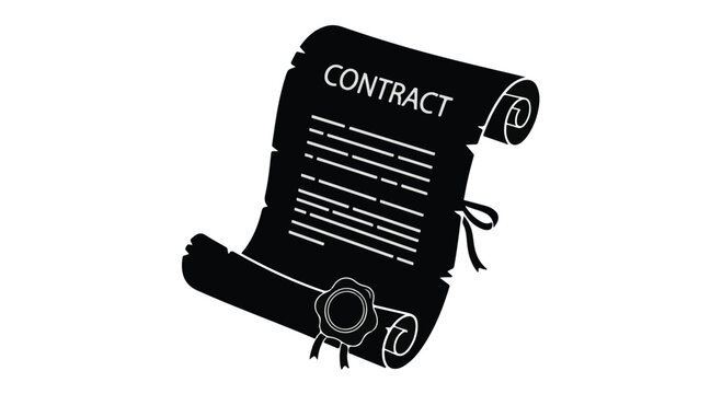 Black and white illustration of a contract document on parchment scroll with ribbon tie, legal agreement concept