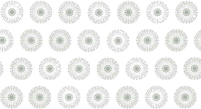 Seamless pattern of circular mandalas with intricate dots and center flower