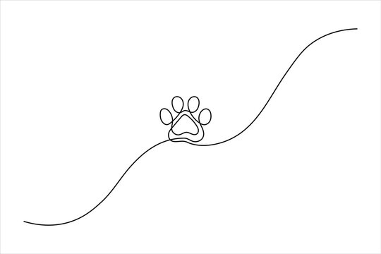Minimalist one-line art of a dog paw print. Features four toes and a pad in a clean, continuous silhouette. Perfect for pet branding and logo design.