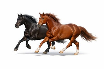 Obraz premium Dynamic duo of galloping horses, a majestic black stallion and a powerful brown mare, showcasing equine beauty and strength in motion, perfect for equestrian themes.