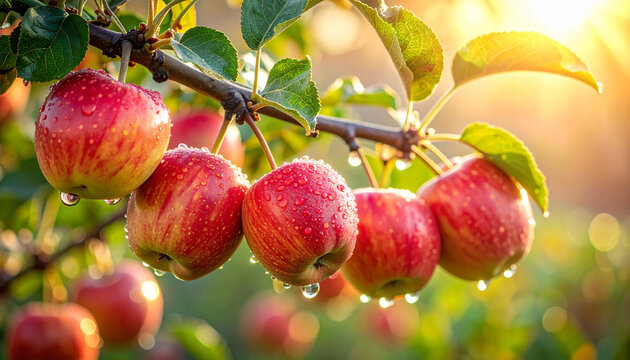Cherry blossom in spring with fruit trees in a natural orchard garden featuring apples, leaves and harvest season