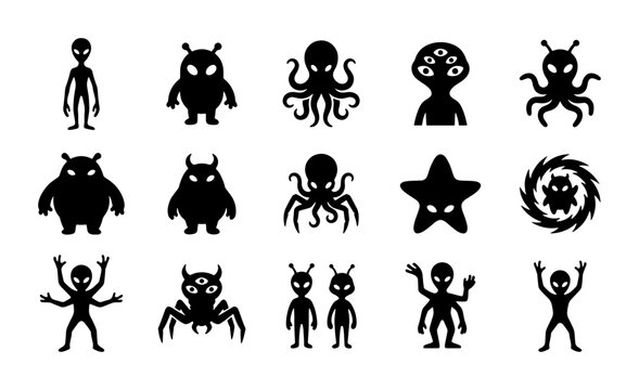 Alien silhouette icons set, extraterrestrial monster character collection, 15 black vector creature symbols for sci-fi gaming and ufo design