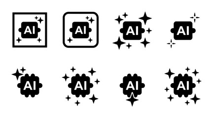 Artificial intelligence chip icons set, AI processor microchip with magic sparkles, 8 black vector symbols for machine learning and smart technology © Muhtasim