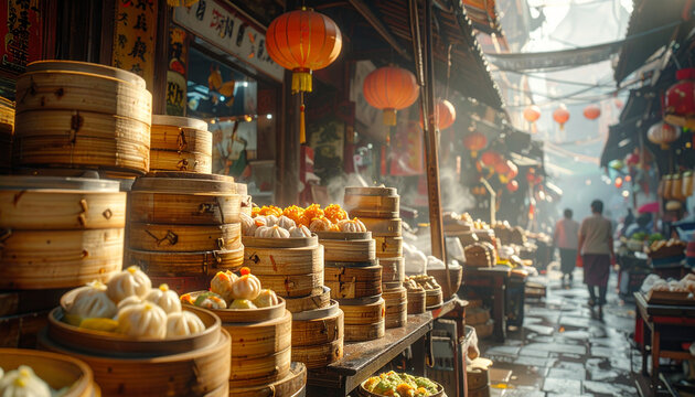 Traditional Chinese and Turkish lanterns glowing in a busy food market with fresh fruit, pastries, desserts, snacks, vegetables, and a variety of delicious dishes in a vibrant shop and restaurant scen