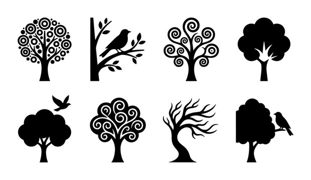 Stylized tree silhouette icons set, black nature symbols with birds and decorative branches, 8 vector forest elements for logo design and branding