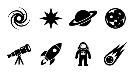 Minimalist space exploration icons set, black celestial vector symbols, 8 astronomy graphics including rocket ship and astronaut for science education © Fatema