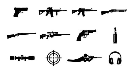 Military weapon silhouettes and firearm icons set, black gun collection with rifles and pistols, tactical shooting equipment vector illustrations © Muhtasim