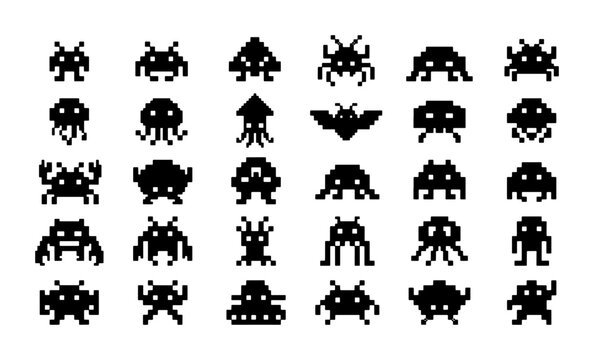 Retro pixel art alien invaders set, 30 black arcade game monster icons, vintage 8-bit video game character collection, nostalgic gaming vector graphics