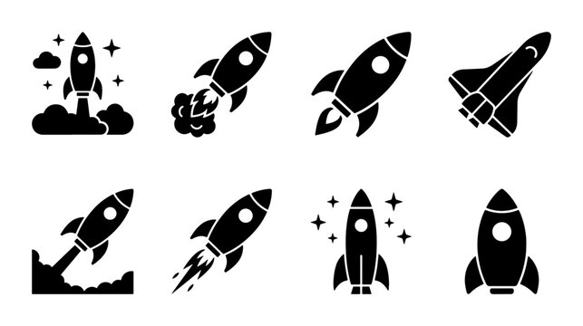 Rocket ship icon set, black solid spaceship vector silhouettes, 8 startup launch and space exploration symbols for business growth