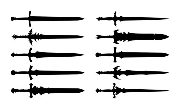 Medieval sword silhouettes set, fantasy blade vector icons, collection of 10 black steel weapon shapes for gaming and heraldry designs