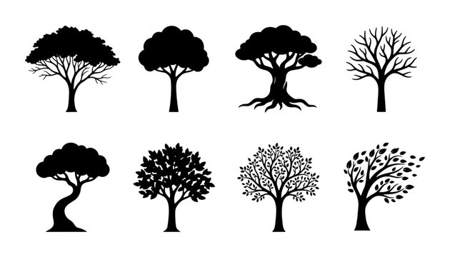 Black tree silhouettes set, collection of 8 deciduous and oak tree icons, minimalist forest plant vector graphics for landscape design and logos